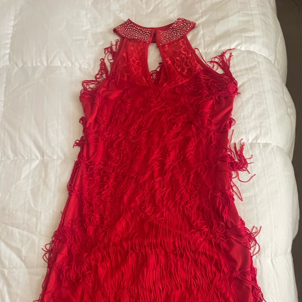 Elegant Red Sleeveless Dress with Fringe